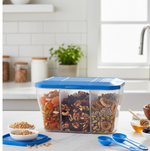 Airtight 3-section food storage box with a clear lid, showcasing organized ingredients.