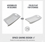 Two images show the white tray assembling and folding flat for storage, highlighting its space-saving design.