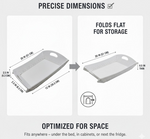 Two images illustrate the precise dimensions of the white tray when assembled and folded flat for storage.
