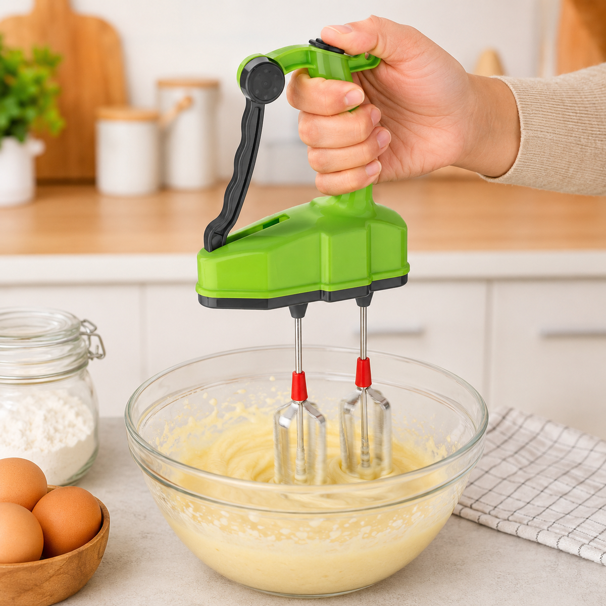 A person's hand operates a green manual hand blender, mixing yellow batter in a clear glass bowl on a kitchen counter.