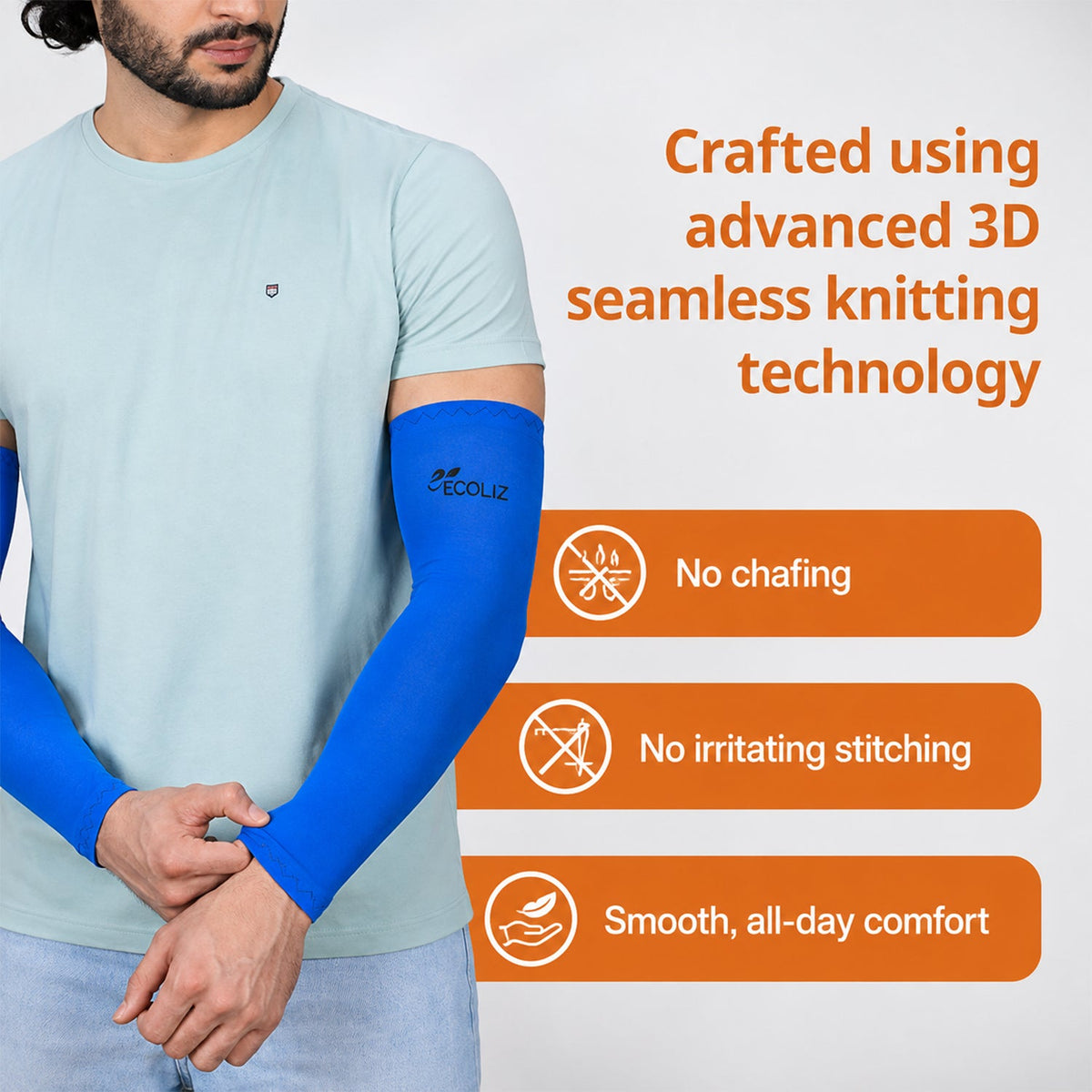 A man's torso wearing a light blue t-shirt and blue arm sleeves with product features listed on the right.