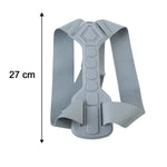 A grey posture corrector belt with a central spine support, showing a measurement of 27 cm in height.