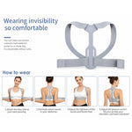 Infographic showing the features and four steps for how to wear the grey posture corrector belt.