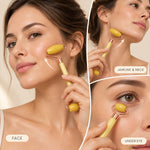 Three close-up views show a woman using the yellow jade roller on her face, jawline, neck, and under-eye area.