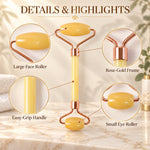 A yellow jade roller with rose-gold frame is highlighted, detailing its large face roller, easy-grip handle, and small eye