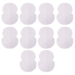 Ten white, hourglass-shaped, textured sweat pads are neatly arranged in rows on a white background.