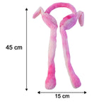 Pink and white plush bunny earmuffs with long tails, showing dimensions of 45 cm length and 15 cm width, against a white