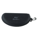 Closed black hard shell sunglasses case with a white logo and clip, against a plain white background.