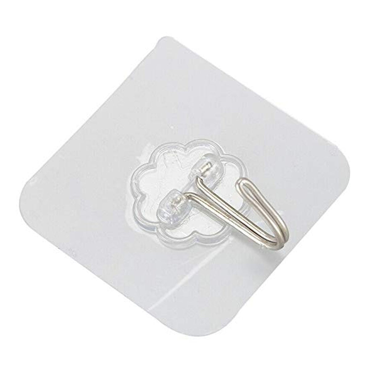 An angled, close-up view of a transparent self-adhesive hook with a silver metal hook on a white background.