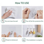 A four-step instruction guide showing how to install the transparent self-adhesive hook and its use.