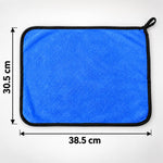 A blue microfiber cleaning cloth with a black border, displayed flat with dimensions of 30.5 cm by 38.5 cm.