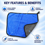 A blue and gray microfiber cleaning cloth with text highlighting its dual-sided, absorbent, soft, scratch-free, washable,
