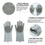 An infographic highlighting features of the grey silicone scrubbing gloves: built-in bristles, flexible fit, and non-slip