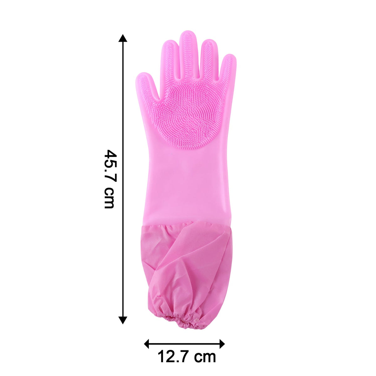 A single pink silicone scrubbing glove with measurements of 45.7 cm length and 12.7 cm width on a white background.