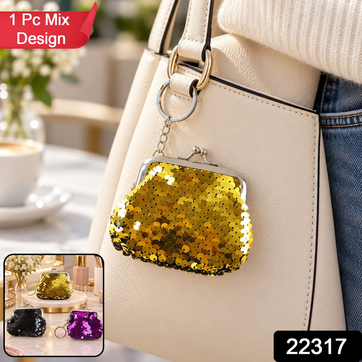 A gold sequined coin purse keychain hangs from a cream handbag, with a small inset showing black, gold, and purple options.