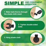 An instructional graphic showing three steps for using the black plastic shade cloth clips on a burlap-like fabric.