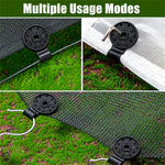 Four insets showing different ways to use the black plastic shade cloth clips with various materials and wires.