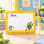 A yellow-framed Pexon writing board with a white surface and cartoon characters on a wooden desk. A yellow and white marker