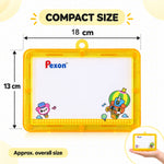 A yellow-framed Pexon writing board displaying its dimensions: 18 cm width and 13 cm height. A small inset shows it held in