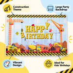 A construction-themed happy birthday banner with text highlighting its vibrant design and suitability for kids' birthdays.