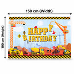 A construction-themed happy birthday banner with arrows indicating its dimensions of 150 cm width and 100 cm height.