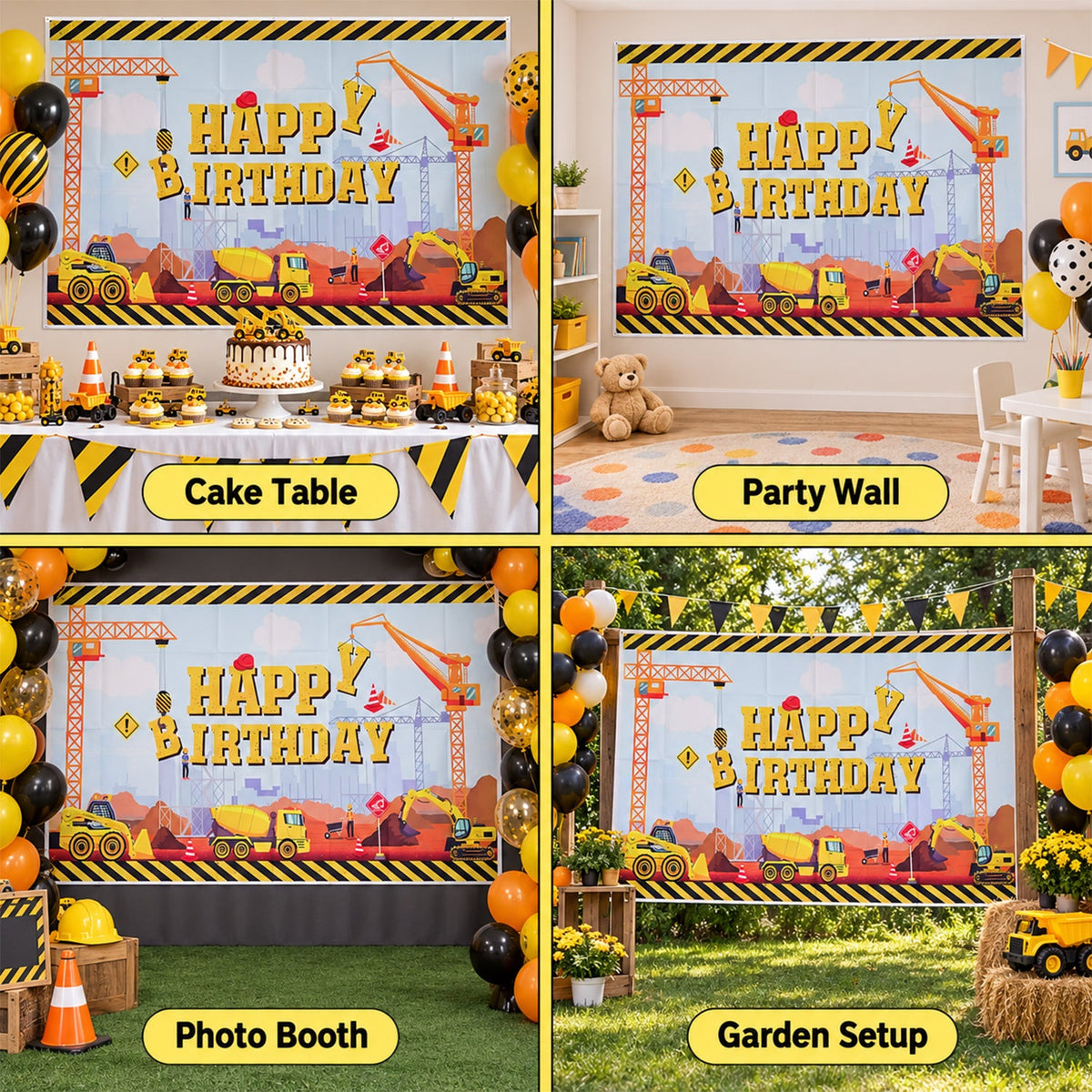 Four different scenes showing the construction-themed birthday banner used as a cake table backdrop, party wall, photo