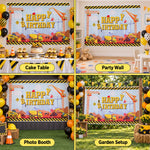 Four different scenes showing the construction-themed birthday banner used as a cake table backdrop, party wall, photo