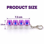 A four-key keyboard switch keychain with purple caps and clear bases, showing dimensions of 7.3 cm and 2.6 cm.