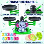 A green elephant-themed math balance scale with black pans, colorful number pieces, counting rods, and cards.