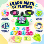 An elephant math balance scale with numbers, rods, and cards, illustrating various learning activities like counting and