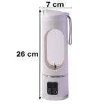 A white portable blender with a clear window and blades, showing dimensions of 26 cm height and 7 cm width.