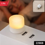 A warm white USB night light plugged into a white power strip, with a sleeping person in the background and a small inset