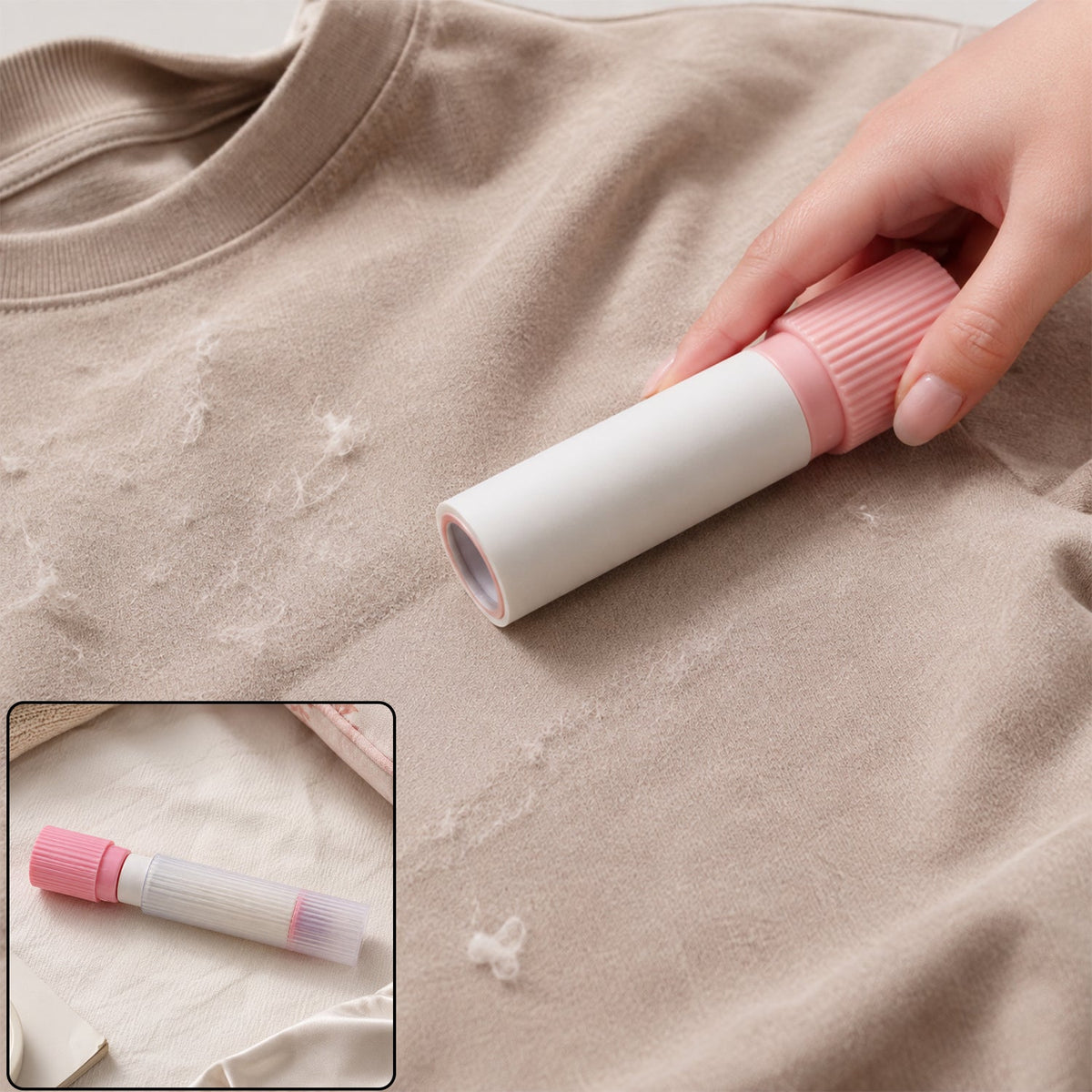 A hand uses a pink and white lint roller on a beige t-shirt covered in lint, with a smaller inset showing the roller.
