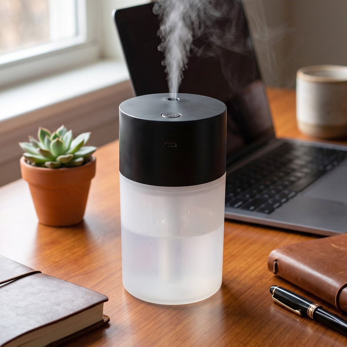 Humidifier running on an office desk