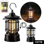 A black retro LED camping lantern, its packaging, a USB charging cable, and a smaller version of the lantern are displayed.