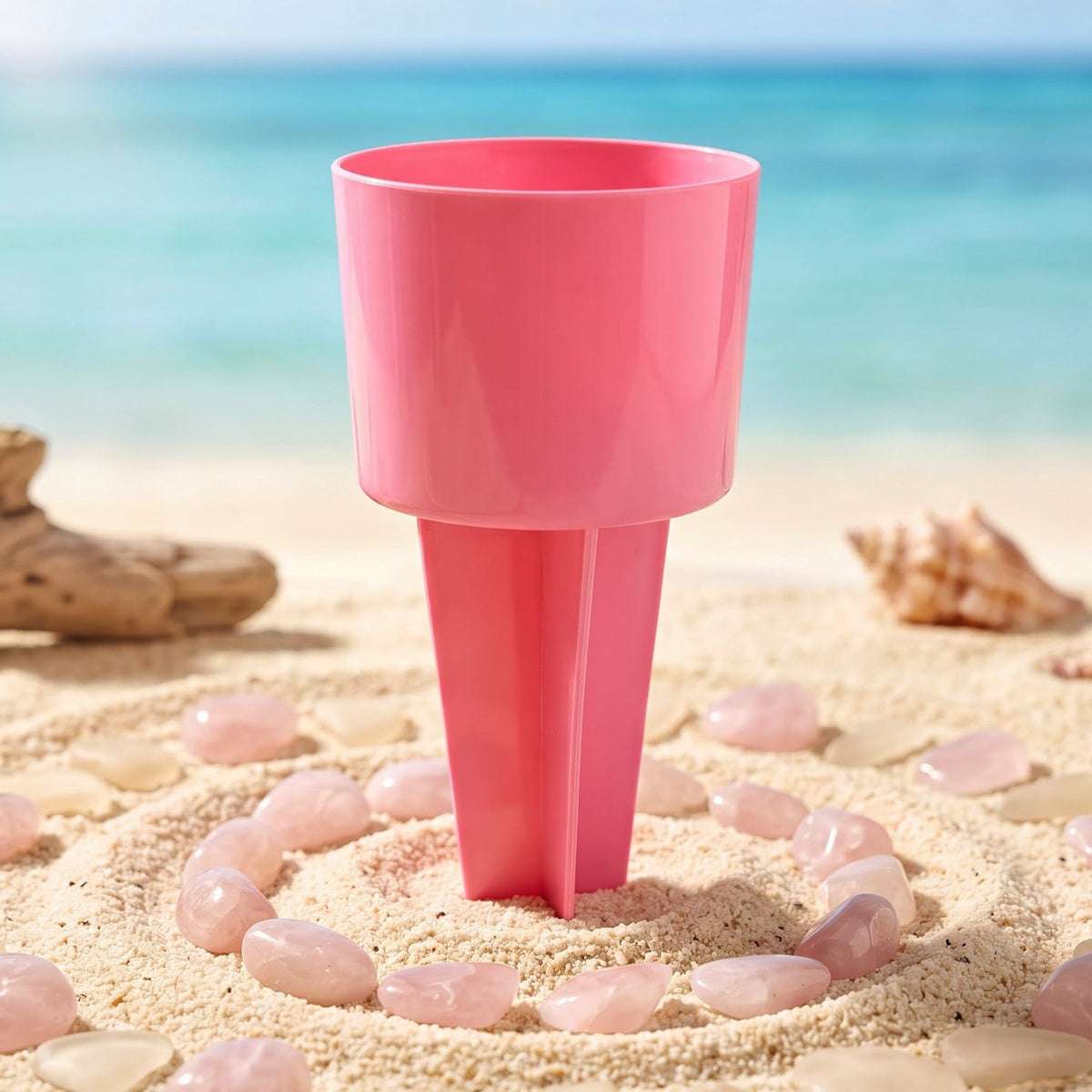 A pink plastic cup holder staked into sand, surrounded by a circle of light pink polished stones and seashells.