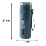 A blue insulated bottle with a silver cap and strap is shown with measurements indicating 21 cm height and 7 cm width.