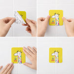 A four-panel image shows hands peeling the backing off a yellow giraffe hook and then pressing it onto a white tiled wall.