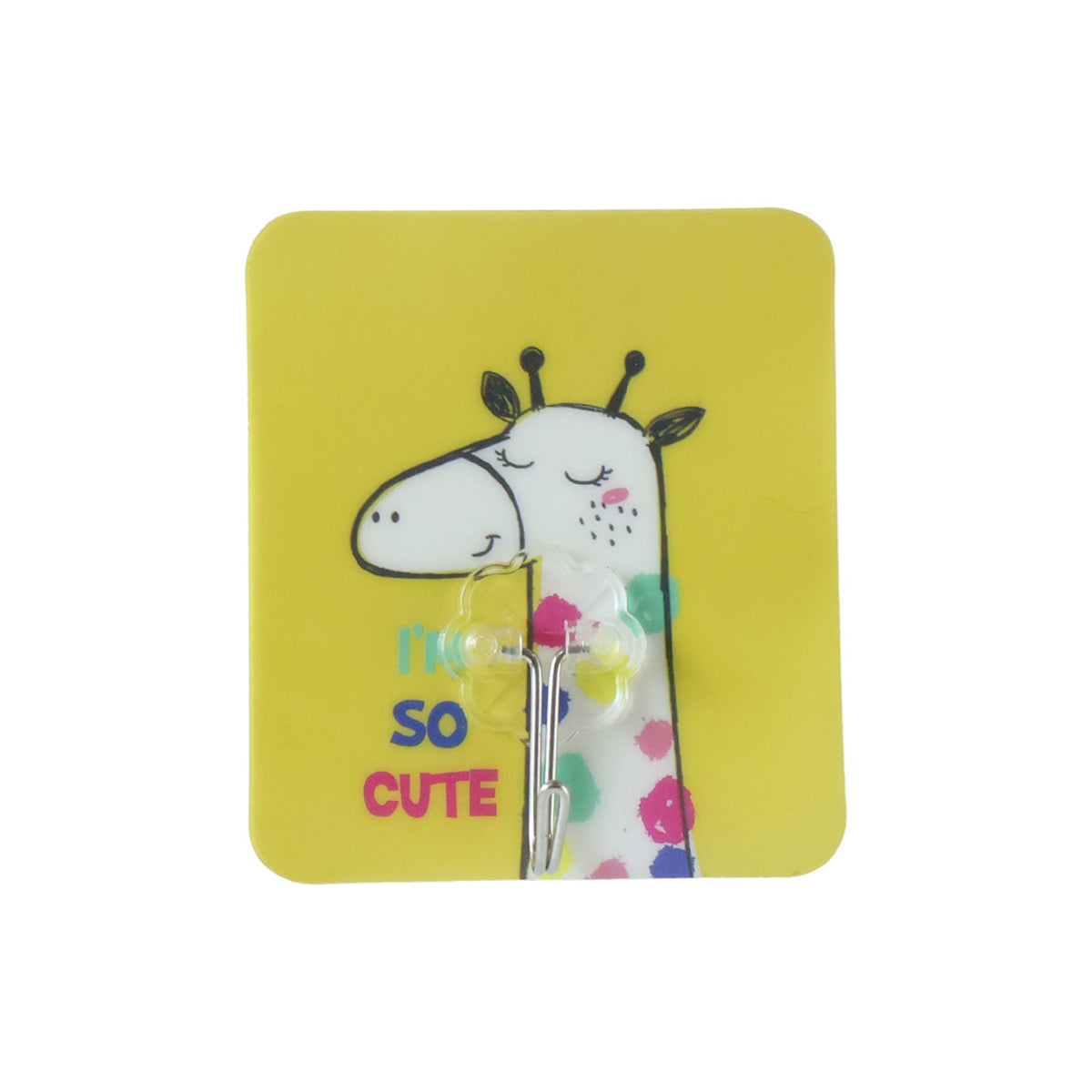 A yellow square wall hook featuring a cartoon giraffe with colorful spots and the text "I'M SO CUTE" on a white background.