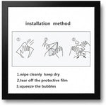 A framed diagram illustrates the installation method for the hook, showing steps to wipe, peel, and squeeze bubbles.
