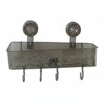 A clear grey plastic caddy with four hooks is mounted on a white background, showcasing its design and functionality.