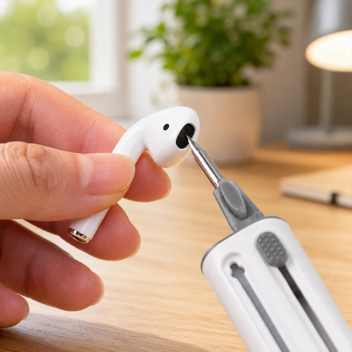 A hand holding a white earbud while the cleaning pen's pointed tool cleans the earbud opening.