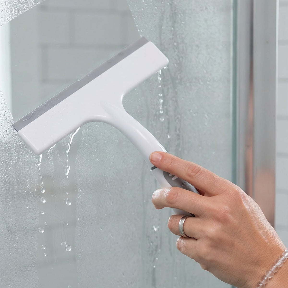 A hand holding a white and gray glass wiper, cleaning a wet, steamy shower door.