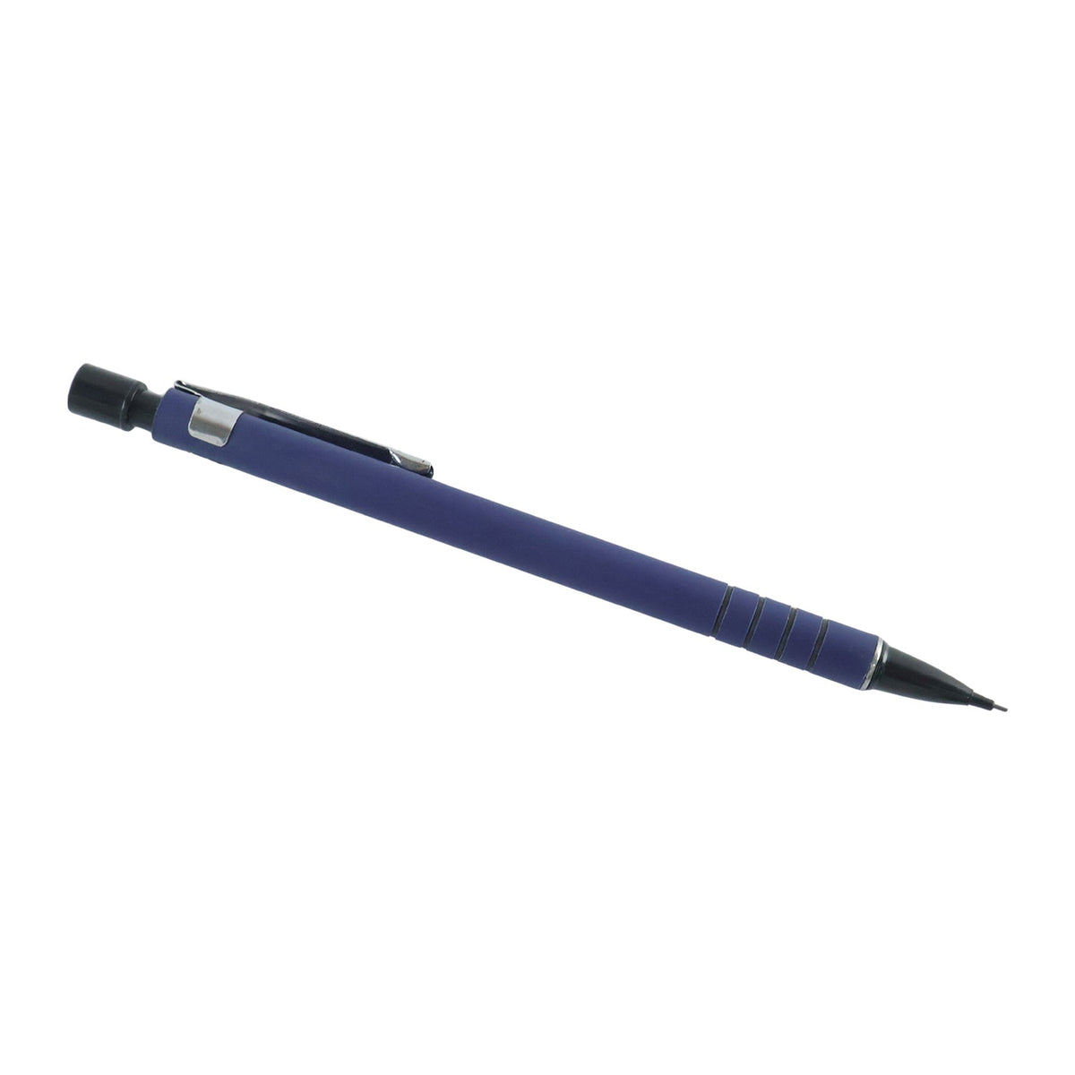 A blue mechanical pencil with a black tip and clip, angled slightly, on a white background.