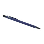 A blue mechanical pencil with a black tip and clip, angled slightly, on a white background.