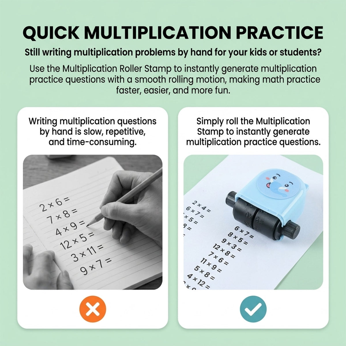 A split image contrasting writing math problems by hand with using the blue elephant math roller stamp to quickly generate