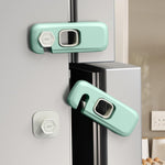 Two green and white child safety locks securing a refrigerator door, with an inset showing the lock components.
