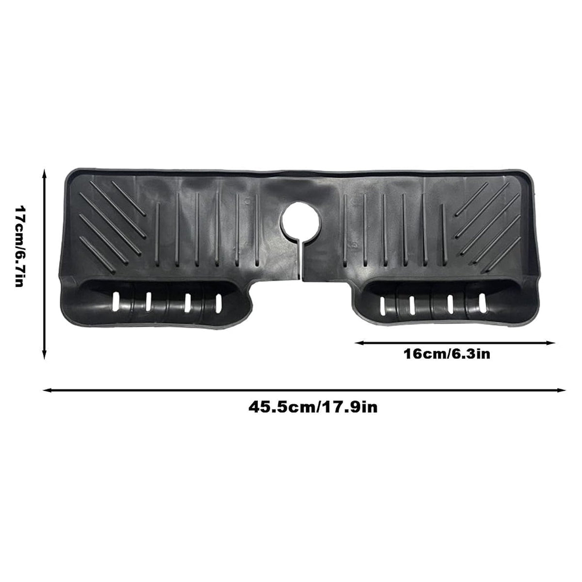 A black silicone faucet splash guard with drainage grooves and two side compartments, displayed with white text showing its