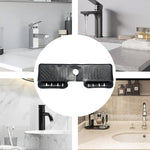 A collage of four different bathroom and kitchen sink scenes, with a black silicone faucet splash guard in the center.