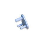 A single light blue child-proof plug with three prongs on a plain white background.